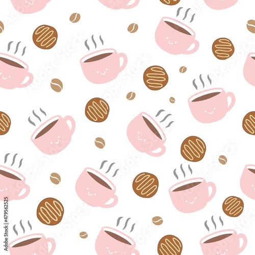 coffee cups pink pattern in white background with cookies coffee bean
