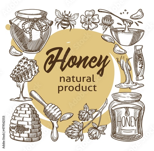 Honey natural product, bees and sugary liquid