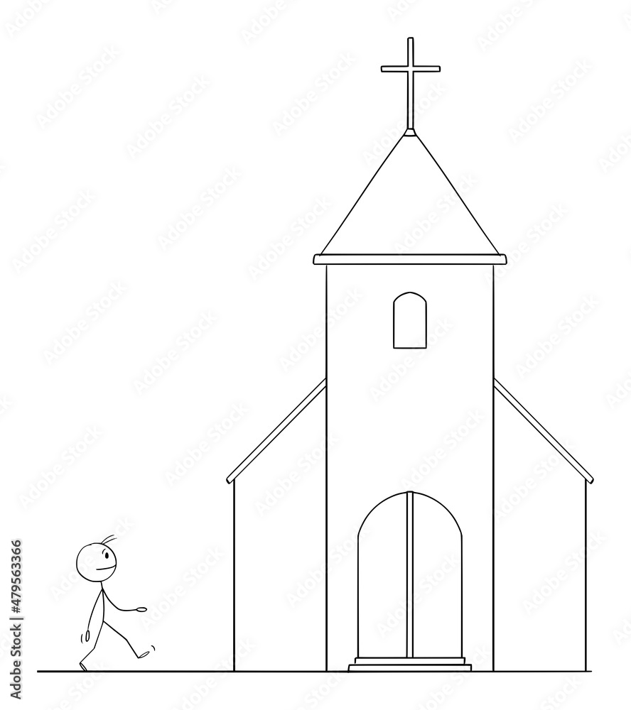 Person Going to Church, Christianity and Faith Concept , Vector Cartoon Stick Figure Illustration Person Going to Church, Christianity and Faith Concept , Vector Cartoon Stick Figure Illustration