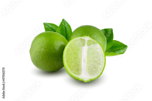 Whole and sliced limes, Sour green fruit isolated on white background.