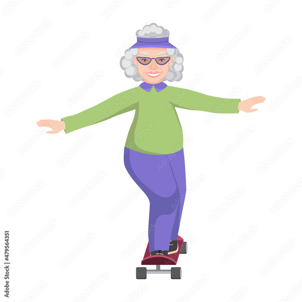 Grandma rides a skateboard. A modern elderly woman does sports. The concept of longevity and an active lifestyle. Vector isolated flat illustration on white background