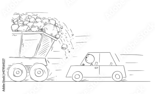 Stones or Rocks Falling From Truck, Car Can Be Damaged on Road,Vector Cartoon Stick Figure Illustration