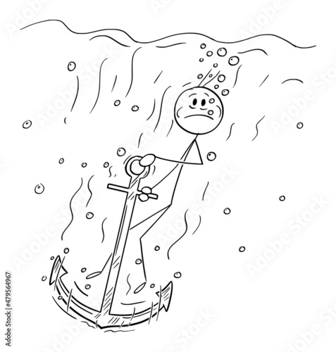 Person or businessman Sinking With Heavy Anchor, Vector Cartoon Stick Figure Illustration