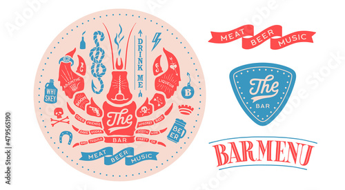 Graphic element for pub, bar. Circle coaster with drawing, ribbon, text Bar Menu for Pub, Beer, Whiskey. Vintage drawing for bar, pub, beer and whiskey themes. Vector Illustration