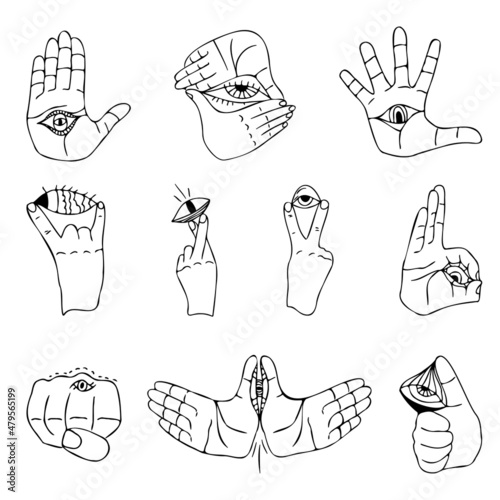 hand and eye set, popular gestures ok, super, peace, fist, palm with eye, fingers crossed, mystical occult esoteric concept, sketchy hand drawn