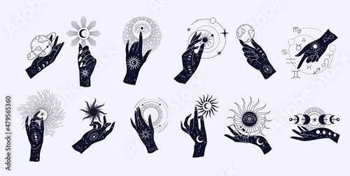 Spiritual esoteric magic logo or talisman with woman hands in silhouette style with stars, sacred geometry moon and sun. Alchemy mystic tattoo object logo template. Vector photo
