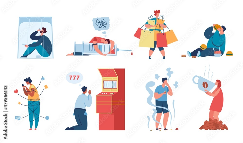Characters with addictions and bad habits, people smoking or drinking. Character addicted to gambling, food and caffeine addiction vector set. Man and woman having problems with drugs and social media