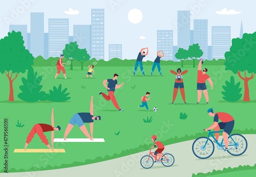 People exercising and doing sports outdoor in summer city park. Active characters riding bikes, doing yoga, playing football vector illustration. Family leading healthy lifestyle together