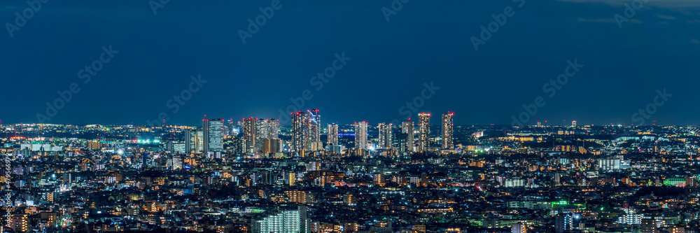 Panoramic image of Tokyo and Kanagawa residential area night view in Japan.