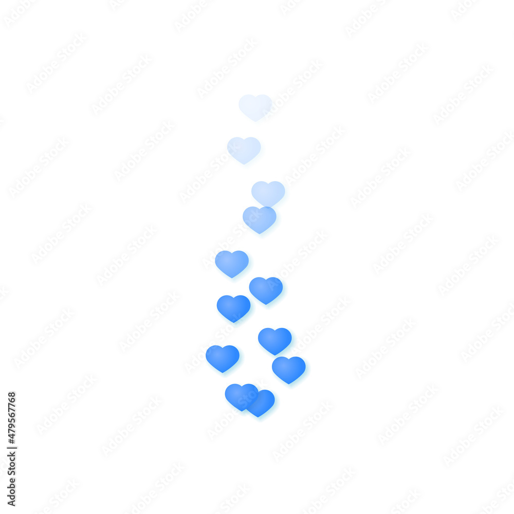 Flying blue hearts isolated on white background. A stream of hearts that gradually disappears. The concept of social networks and live broadcasts. Flying blue hearts isolated on white background. A stream of hearts that gradually disappears. The concept of social networks and live broadcasts.