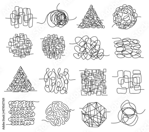 Tangled lines, chaos scribbles, messy squiggles and knots. Hand drawn chaotic doodles, entwined tangle scrawl, random scribble Vector set. Complicated thoughts and ideas, curled maze