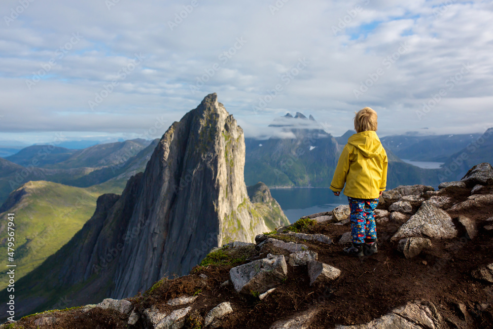 Happy family, standing on a rock and looking over Segla mountain on Senja island, North Norway. Amazing beautiful landscape and splendid nature Happy family, standing on a rock and looking over Segla mountain on Senja island, North Norway. Amazing beautiful landscape and splendid nature
