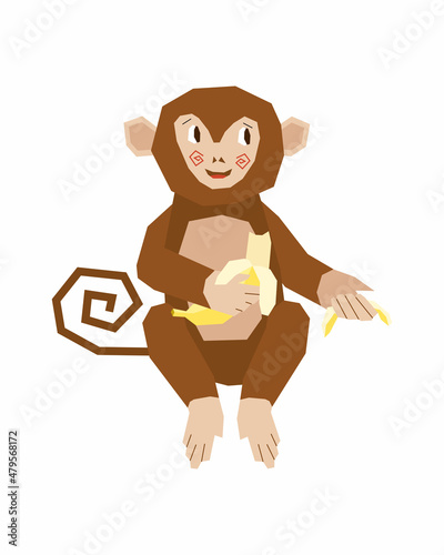 A cute little monkey eats a peeled ripe banana. A monkey squatting with its tail twisted into a spiral. Vector illustration in flat style.