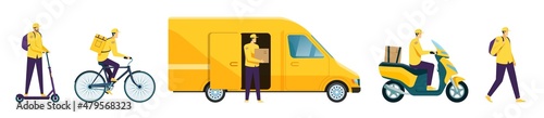 Couriers riding bicycle and scooter, online delivery service. Courier carrying package, unloading van, delivery man on motorbike vector set. Male workers shipping parcels on vehicles