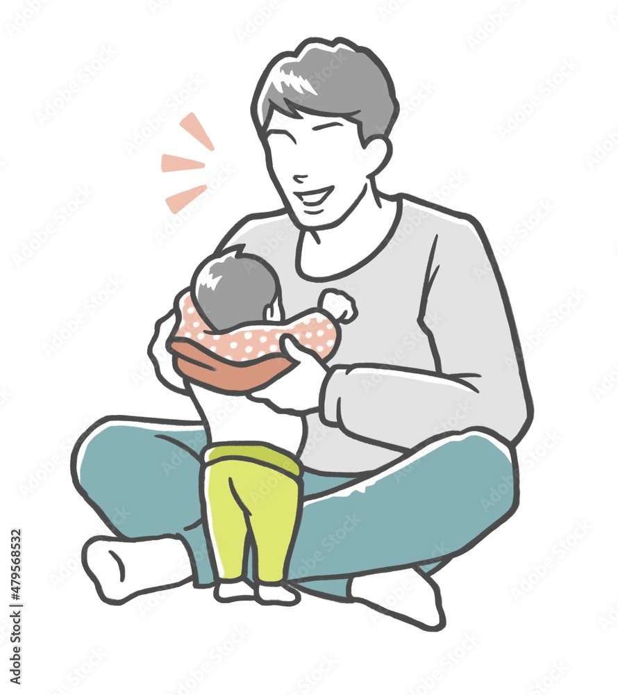 笑顔で子どもの着替えを手伝うお父さん