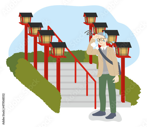 めまいでふらつく旅行中の男性