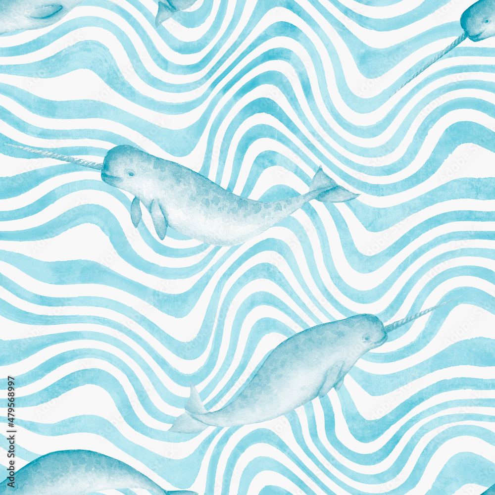 Obraz premium Watercolor blue teal narwhals wavy stripes seamless pattern background
