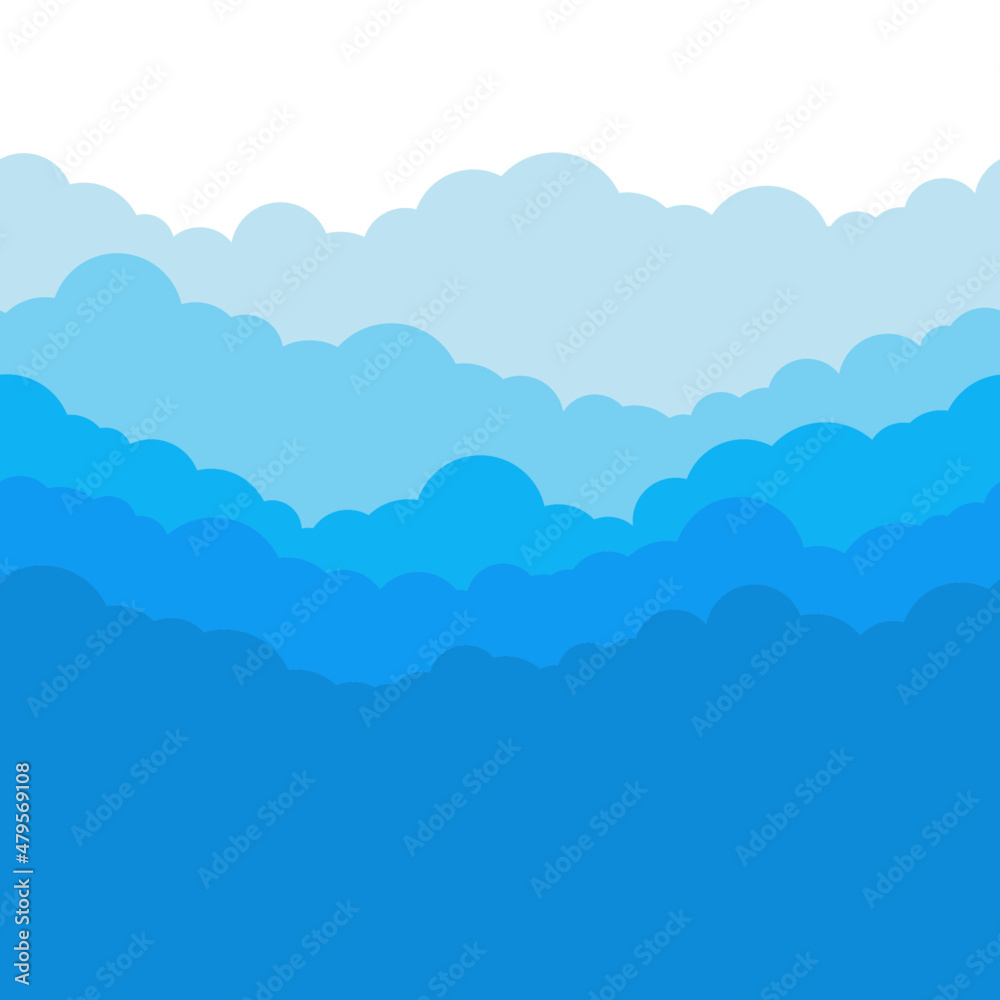 Seamless horizontal pattern with massive clouds in blue colours. Blue background for website, presentation, informational materials and advertising. Vector.