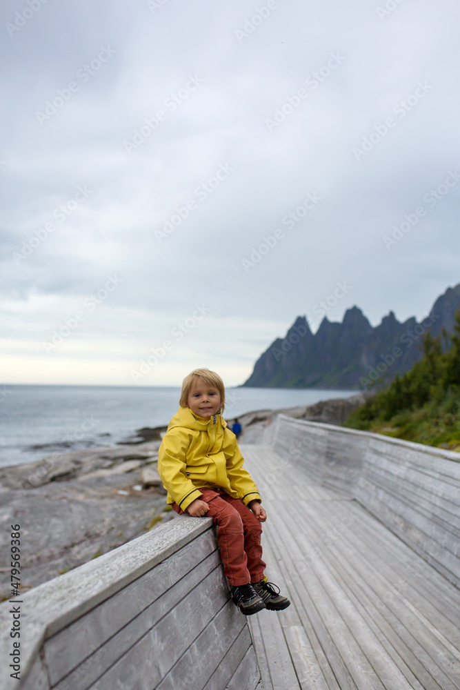 Child in Tungeneset, Senja, Norway, enjoying the beautiful view over fjords