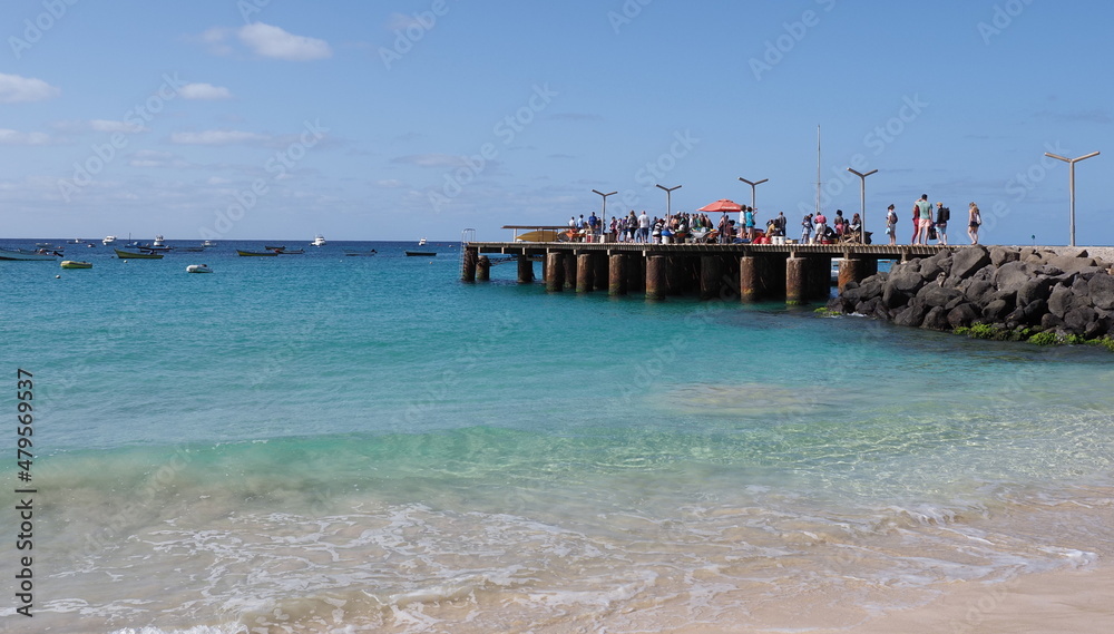 Wooden pier and motor boats in Sal island in Cape Verde