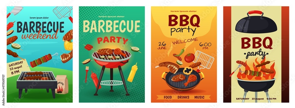 Barbecue posters, bbq grill party flyer template. Outdoor picnic invite, summer cookout event invitation with food on grills vector set. Equipment with roasted meat and vegetables for festival