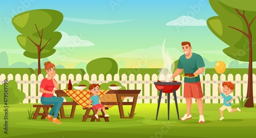 Fototapeta Naklejka Na Ścianę i Meble -  Family with kids having outdoor barbecue party in backyard. Man grilling meat, parent and children doing summer bbq picnic vector illustration. Mother, father and children on weekend