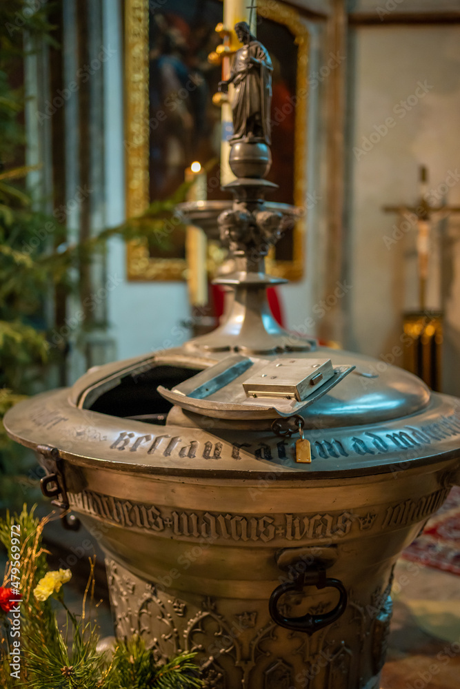Vat with holy water for baptism in Church of Our Lady before Tyn in Prague