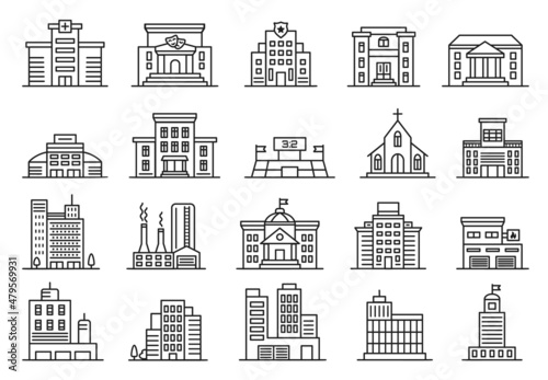 City building icon, stadium, cafe, government, hotel, bank, hospital. Office and apartment buildings, urban architecture line icon vector set. Historic theater and museum isolated on white