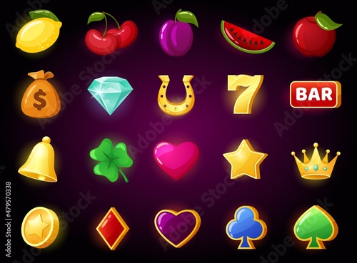 Cartoon slot game icon, casino gaming symbols. Cherry, diamond, crown spinning machine slots, online gambling, mobile games icons vector set. Isolated gui elements for mobile application