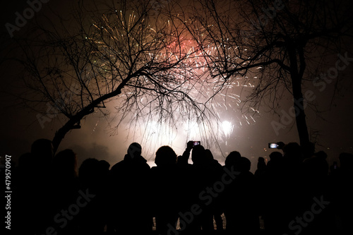 People watch fireworks and a laser show over the lake during New Years celebrations in the Alexandru Ioan Cuza park in Bucharest. photo