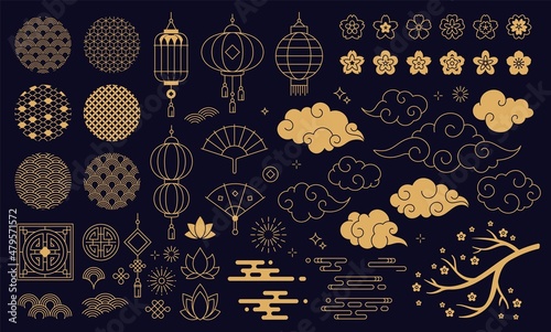 Chinese new year decoration elements, clouds and festive lanterns. Traditional asian patterns and ornaments, sakura flowers vector set. Floral lotus blossom, decorative fans isolated on dark