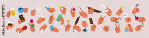 Set of colorful hands holding various stuff. Different operations and gestures. Hand drawn vector