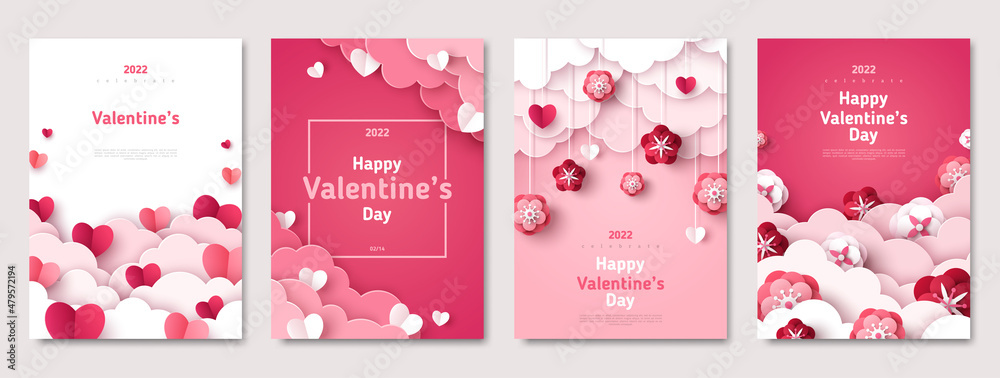 Valentine's day concept posters set. Vector illustration. 3d red and pink flowers, paper hearts, clouds with frame. Cute love sale banner, voucher, brochure template or greeting card. Place for text. - obrazy, fototapety, plakaty 