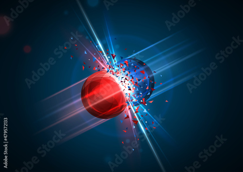 Red and blue particles collision. Vector illustration. Atom fusion, explosion concept. Abstract molecules impact. Atomic energy power blast, electrons protons collide. Two cores shatter destruction photo