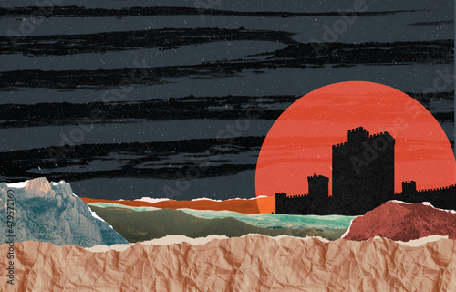 Paper art, conceptual landscape collage in dadaism style. Surreal collage composition made of torn pieces of vintage paper, craft, photos Snow-crowned mountains and ancient fortress  Cut out fragments