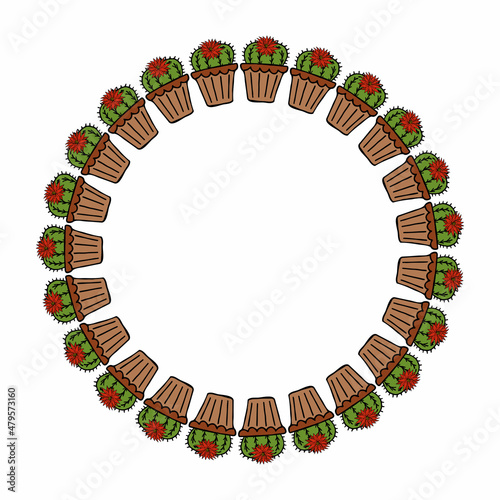 Round frame of сacti and flowers in flower pots on white background. Doodle style. Vector image.
