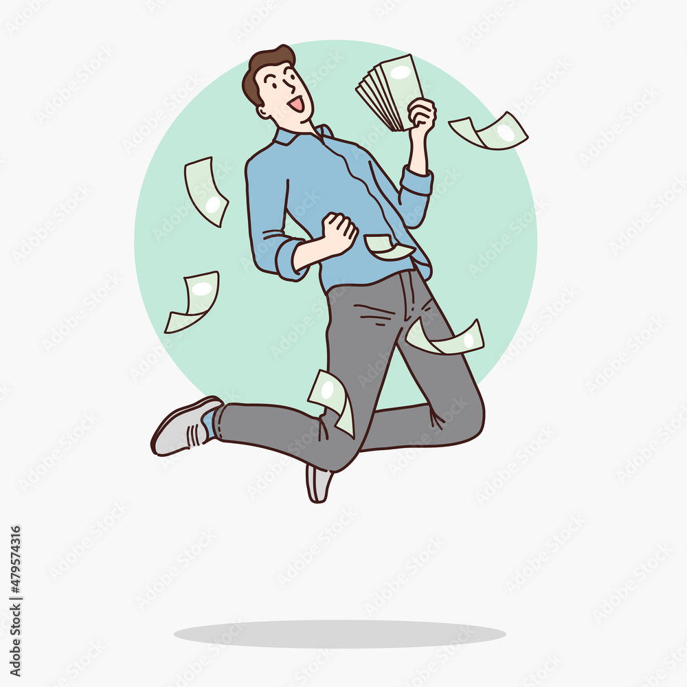 Happy jumping man, profit from investment, scatter money around, Vector design and illustration. Happy jumping man, profit from investment, scatter money around, Vector design and illustration.