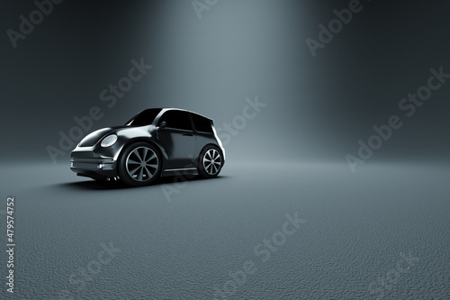 3D model of a mini car, studio shooting, gray background. The concept of car service, repair, purchase, car loan. 3D illustration, 3D render.