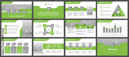 Green color PowerPoint presentation template. A set of slides for a business company.