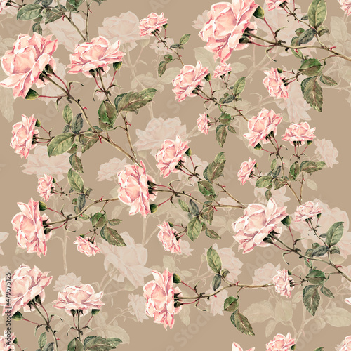 Watercolor bouquet of pink roses. Spring ornament. Seamless pattern with beige background.