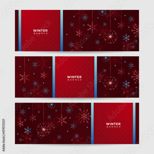 Snowy Dark red Snowflake design template banner