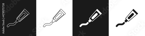 Set Tube of toothpaste icon isolated on black and white background. Vector