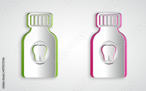 Paper cut Toothache painkiller tablet icon isolated on grey background. Tooth care medicine. Capsule pill and drug. Pharmacy design. Paper art style. Vector