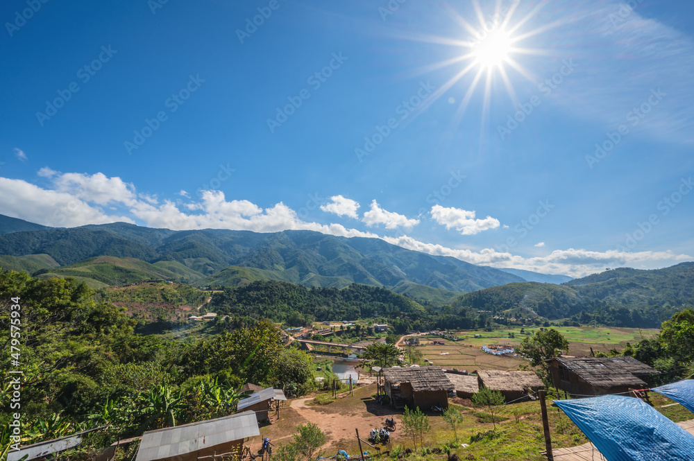 Beautiful landscape view with mountain view at Sapan Village nan Thailand.Sapan is Small and tranquil Village in the mountain.