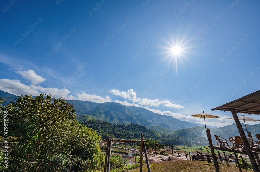 Fototapeta premium Beautiful landscape view and mist cover the mountain at Sapan Village nan Thailand.Sapan is Small and tranquil Village in the mountain.