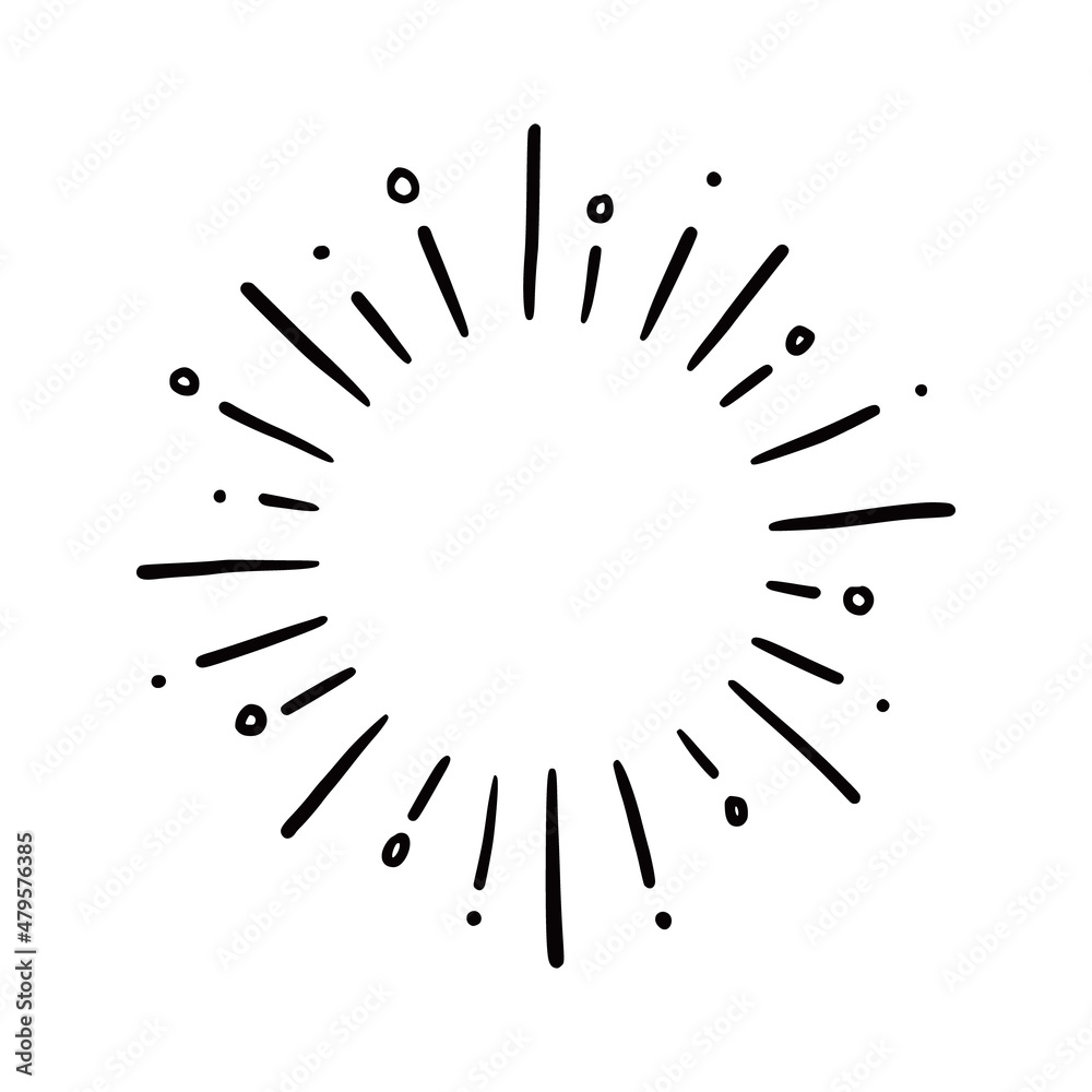 Hand drawn sunburst shine ray and sparkle element. Doodle sketch style. Circle burst of sun, star. Vector illustration. Hand drawn sunburst shine ray and sparkle element. Doodle sketch style. Circle burst of sun, star. Vector illustration.