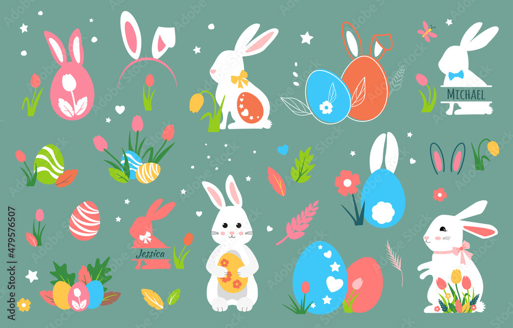Set of vector elements on isolated background for the celebration of Easter. Rabbit, Easter eggs and tulips for decorating a banner or postcard