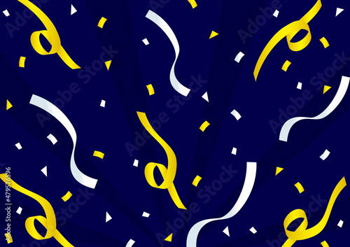 紙吹雪とテープが飛び交う背景　金と銀　Confetti background