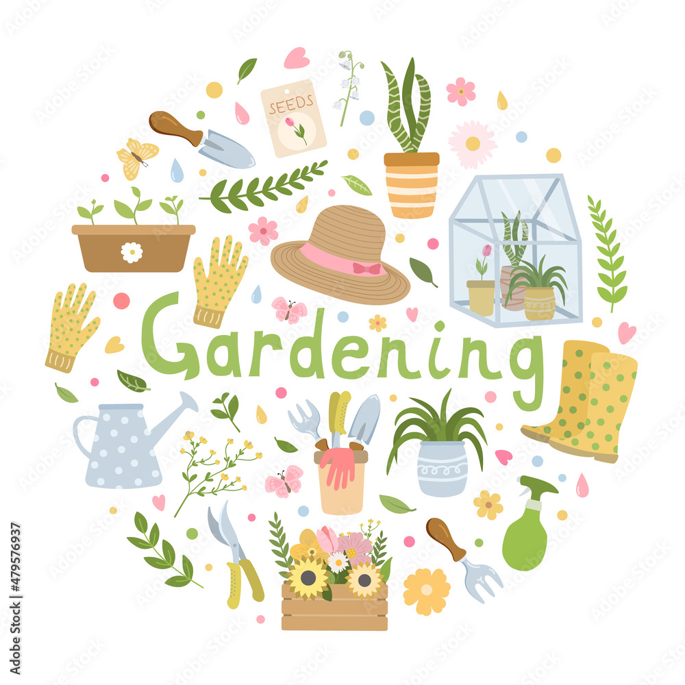 Gardening themed round wreath with lettering, frame with garden tools, flowers, plants. Isolated on white background. Gardening themed round wreath with lettering, frame with garden tools, flowers, plants. Isolated on white background.