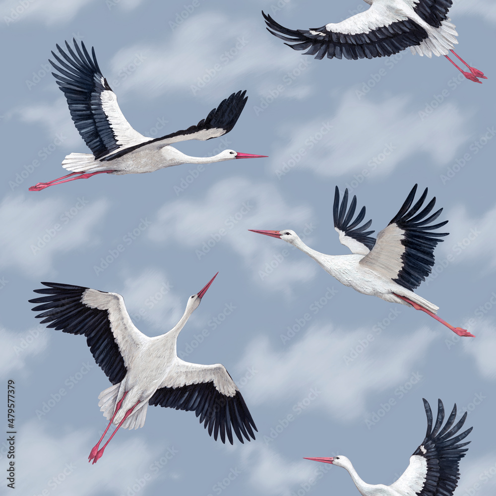 Fototapeta premium Hand painted seamless pattern with storks flying on sky background. Pattern for fabric, baby clothes, wallpapers, home textile, wrapping paper and other decoration